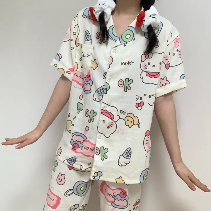 [3피스/빅사이즈도있어용!] 귀여운 리본 고양이 키티 캐릭터 집순이 생일선물 반팔 반바지 긴바지 쓰리피스 잠옷 세트 상세 이미지 4