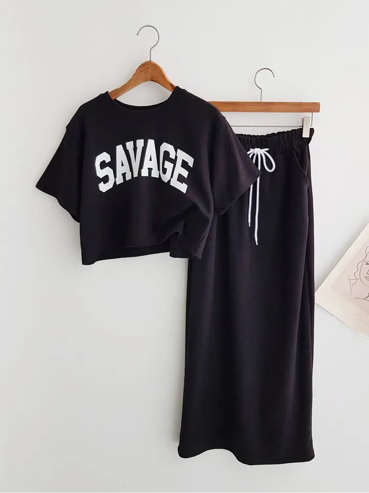 [세트가격!] SAVAGE 레터링 프린트 크롭티셔츠 크롭반팔티 밴딩 롱스커트 뒤트임 롱치마 투피스세트 치마세트 스커트세트 여름세트 꾸안꾸 이지웨어세트 상세 이미지 14