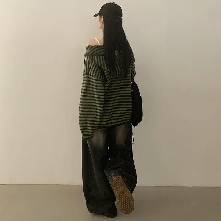 [울함유/폭닥✨] 빈티지힙 오버핏 스트라이프 단가라 니트 후드가디건 단추 집업 상세 이미지 9