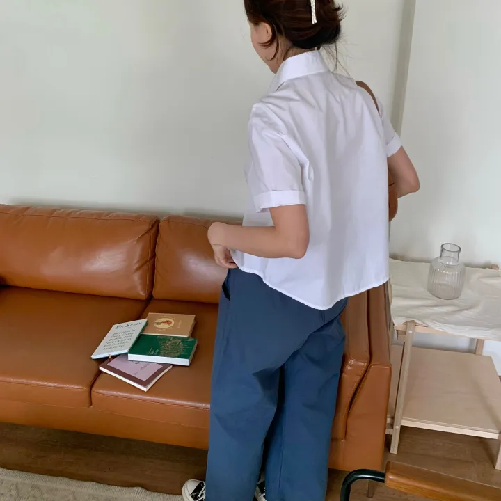 [비침X,베이직] 8컬러 제이 크롭 카라 코튼 반팔 셔츠 상세 이미지 22