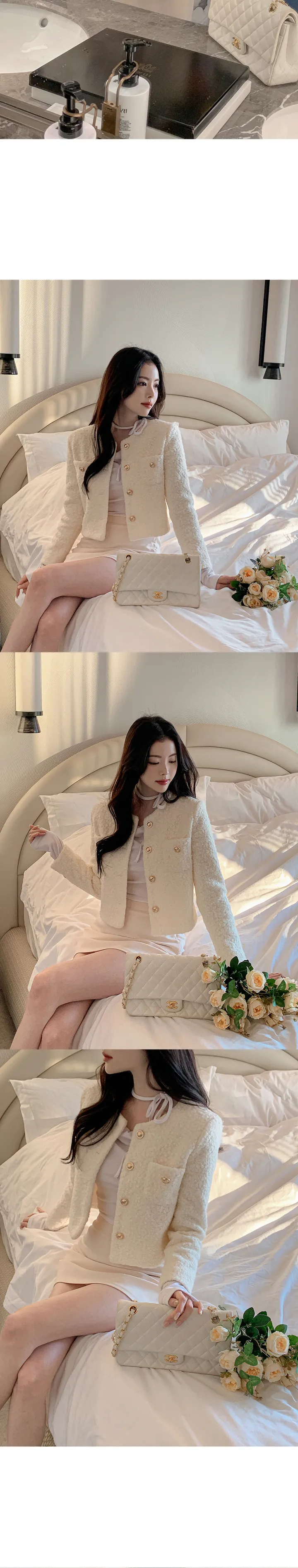 [당일배송🚀/1+1할인/하객룩추천✨/봄까지쭉!] 바이드 노카라 라운드넥 골드버튼 뽀글 세미크롭 베이직 트위드 자켓 상세 이미지 13
