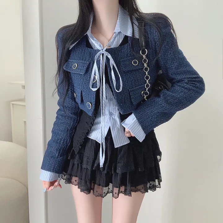 [3COLOR/셔츠일체형] 유닛 스트라이프 셔츠&프릴가디건 레이어드세트/버닝블루 상세 이미지 23