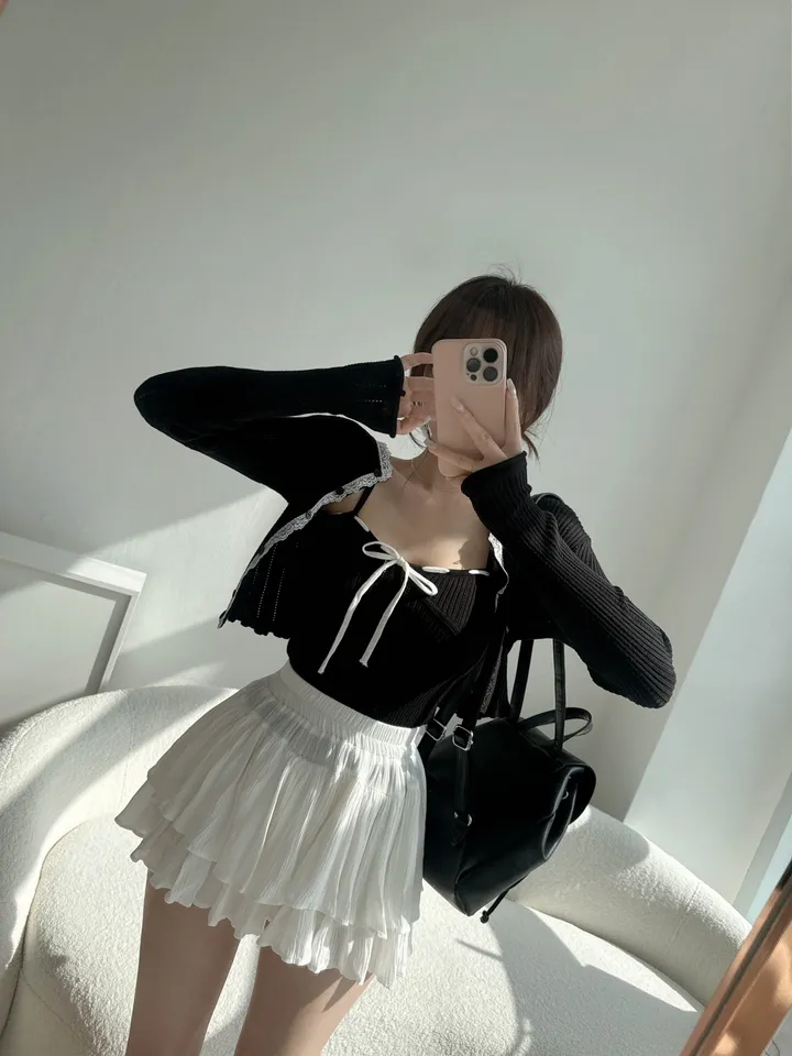 【나시+가디건SET】 스티치 스트랩 끈 펀칭 레이스 골지 나시 가디건 투피스 세트 상세 이미지 3