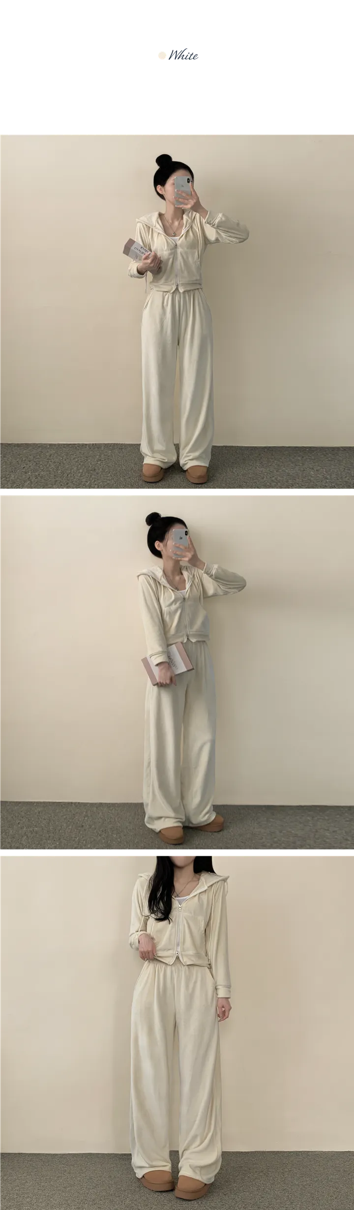 [세트가격✨/부드러운] 자수 벨벳 크롭 투웨이 후드집업 + 밴딩 와이드 팬츠 트레이닝 세트 4color 상세 이미지 7