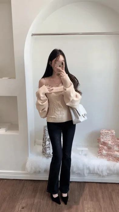 [찐애정템ㅠ고퀄버전*나시볼레로setෆ부유방삭제핏] 빈츠 꽈배기 끈나시 + 루즈핏 긴팔 볼레로 세트 니트 탑 나시 크롭 볼레로 가디건 스판 긴팔 투피스 세트 봄 가을 데일리룩 데이트 상세 이미지 8