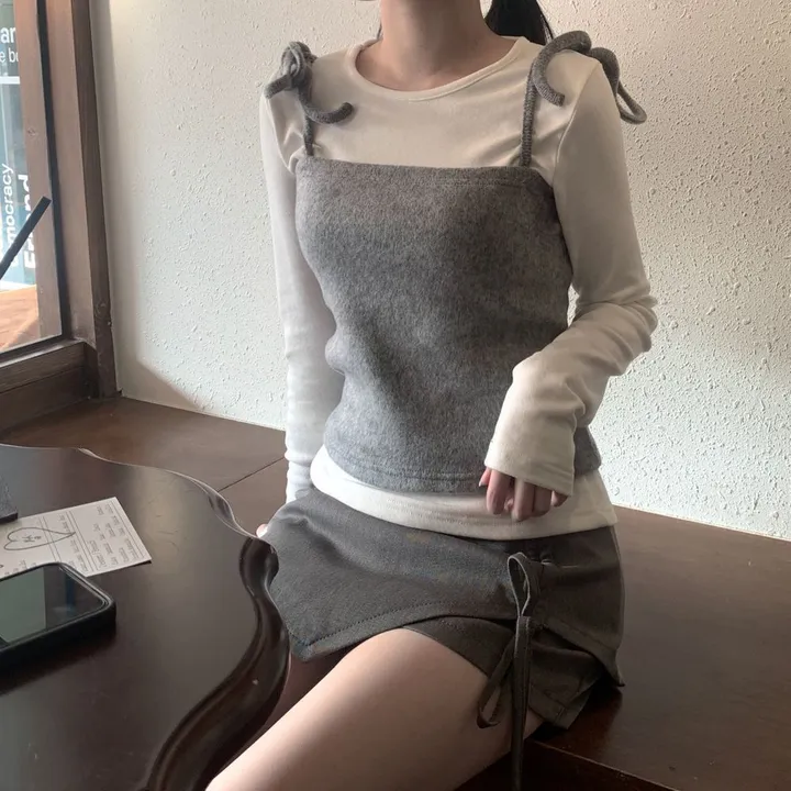 [2ps🎀/퀄리티보장] 레이어드 스트랩 리본 뷔스티에 기모 티셔츠 set 상세 이미지 22