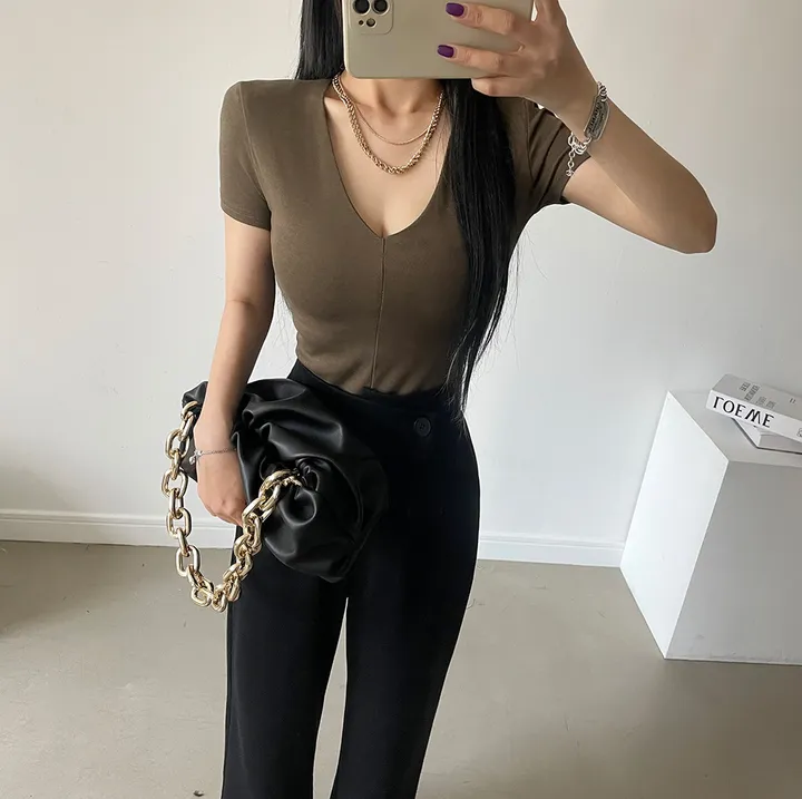 패드 브이넥 스판 절개 슬림 티셔츠 상세 이미지 72