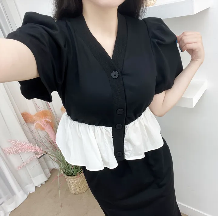 *세트가격+선주문터짐* 어깨패드O 핑키 프릴 퍼프 가디건 + 밴딩짱짱 뒷트임O 롱스커트 (2COLOR) 투피스 트레이닝세트 마실룩 장마룩 레이어드코디 휴양지룩 여행코디 상세 이미지 14