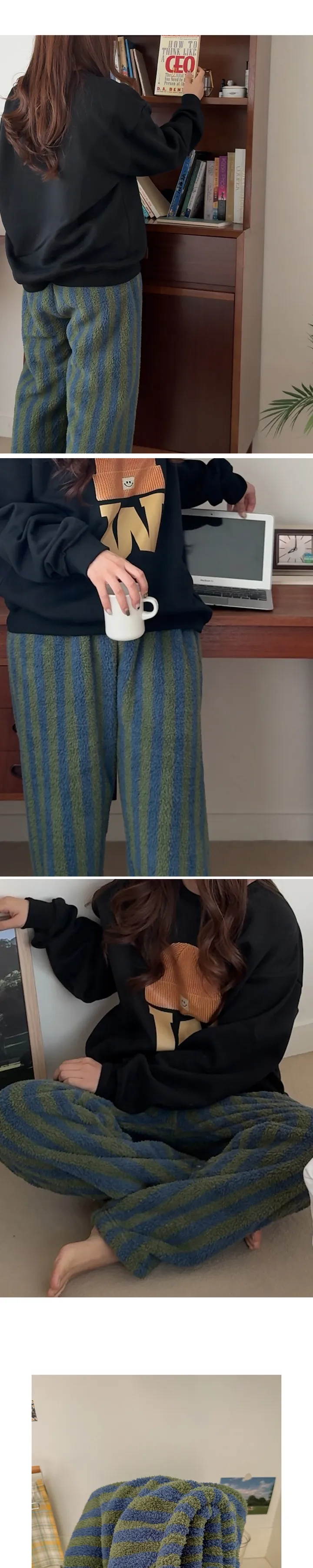 ❄️겨울신상👖 당일발송 버닌 스트라이프 무지 극세사 겨울 커플 긴바지 맨투맨 파자마 팬츠 세트 3color 상세 이미지 16