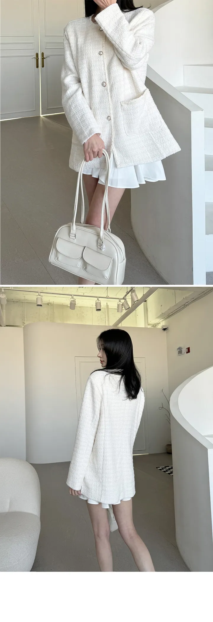 [당일발송]브런치 오버핏 라운드 노카라 봄 하객룩 숏 하프 트위드 자켓(화이트/블랙) 상세 이미지 3
