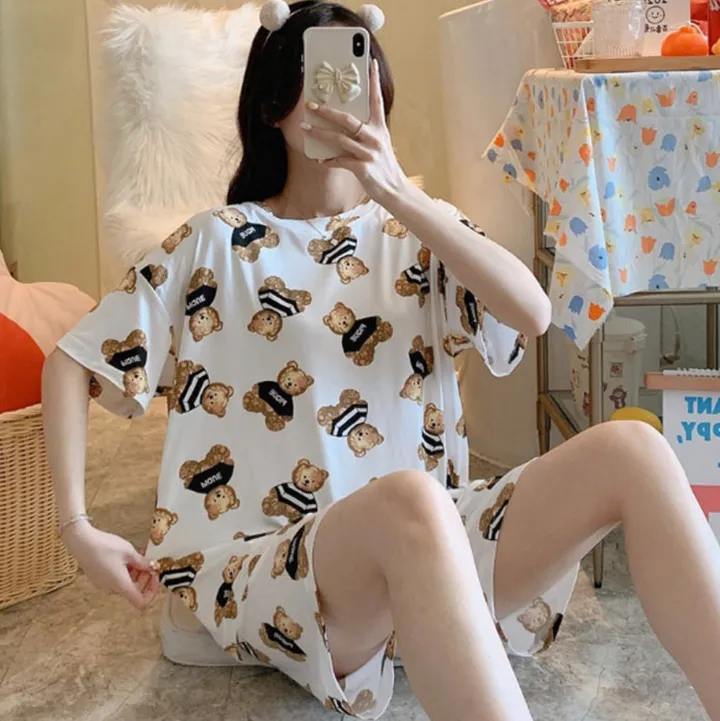 국내 테디베어 꿀잠 반팔잠옷세트 🧸 (러블리 캐릭터 디자인 / 2COLOR / FREE사이즈 44~55 추천 / 한정수량 양말 증정🎁) 상세 이미지 3