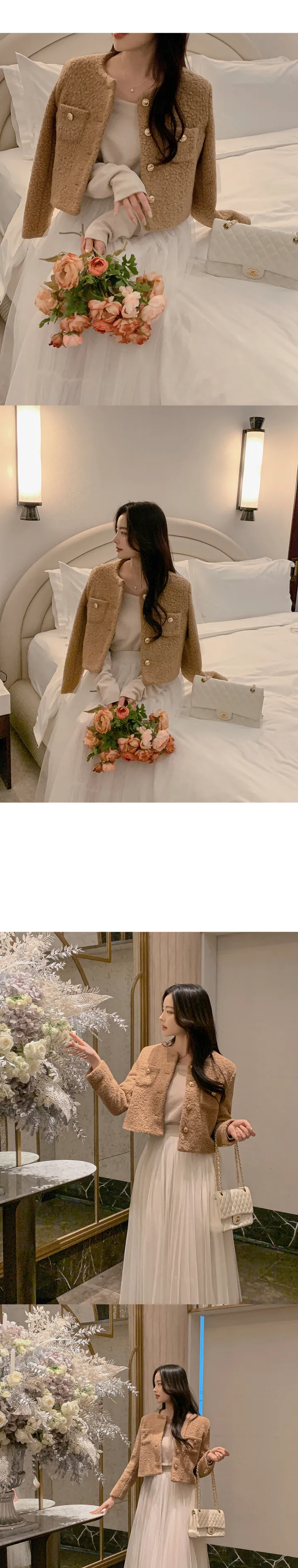 [당일배송🚀/1+1할인/하객룩추천✨/봄까지쭉!] 바이드 노카라 라운드넥 골드버튼 뽀글 세미크롭 베이직 트위드 자켓 상세 이미지 18