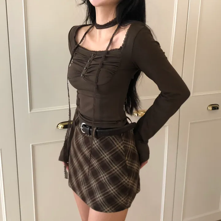 [저렴이X초커세트!핏보장🤎]셔링 스퀘어넥 콩단추 스판 긴팔티셔츠 4color 상세 이미지 10