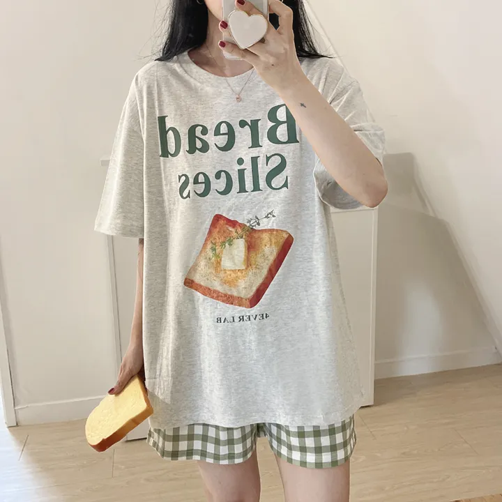 💚[당일출고/긴팔추가!]💚 빅사이즈 식빵 반팔 잠옷 파자마 세트 잠옷바지 루즈핏 오버핏 체크바지 남녀공용 티셔츠 커플티 커플룩 여름 상세 이미지 10