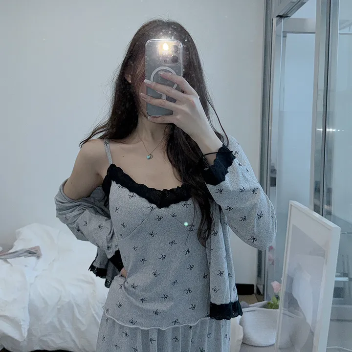 [3피스/캡내장] 그레이 리본 레이스 긴팔 가디건 나시 팬츠 3종 봄 여름 가을 겨울 파자마 잠옷 세트/패드내장 #B.Night #3071 상세 이미지 14