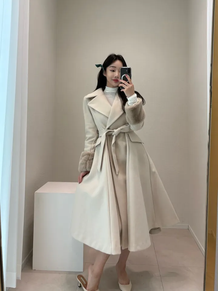 프리미엄 모직 울 누빔 카라 소매퍼 롱 원피스코트 3col 상세 이미지 4