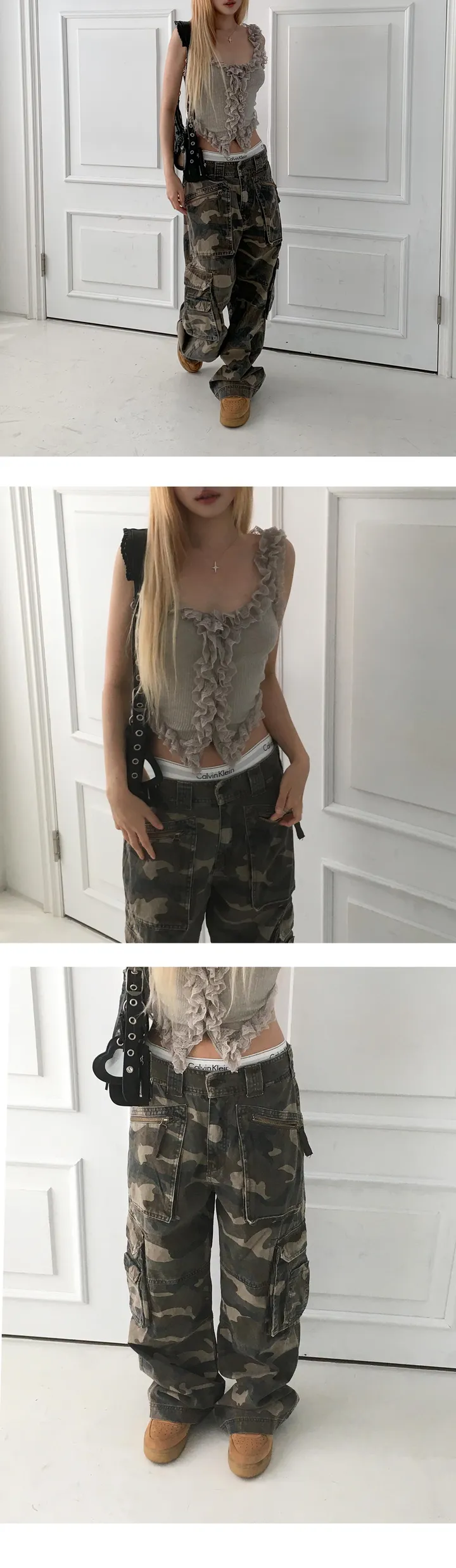 [모델코디소장🖤] 밀리터리 카모 카고 세미 와이드 팬츠-3color 상세 이미지 4