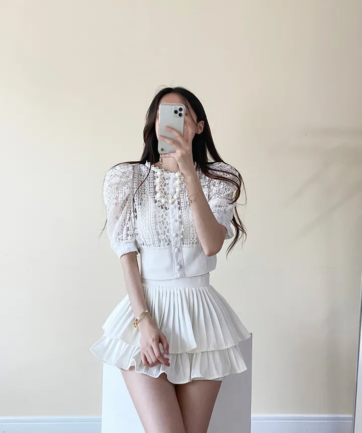 퍼프 레이스 자수 시스루 가디건 상세 이미지 12