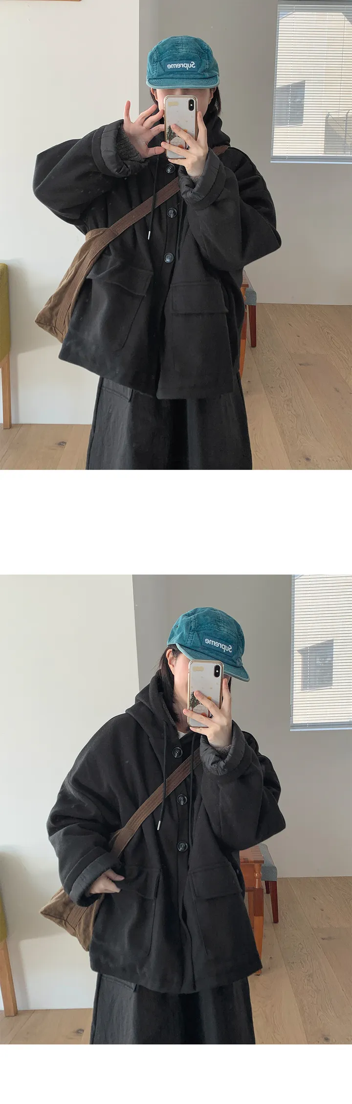 엔코니 모직 누빔 후드 하프 코트 (2color) 상세 이미지 2