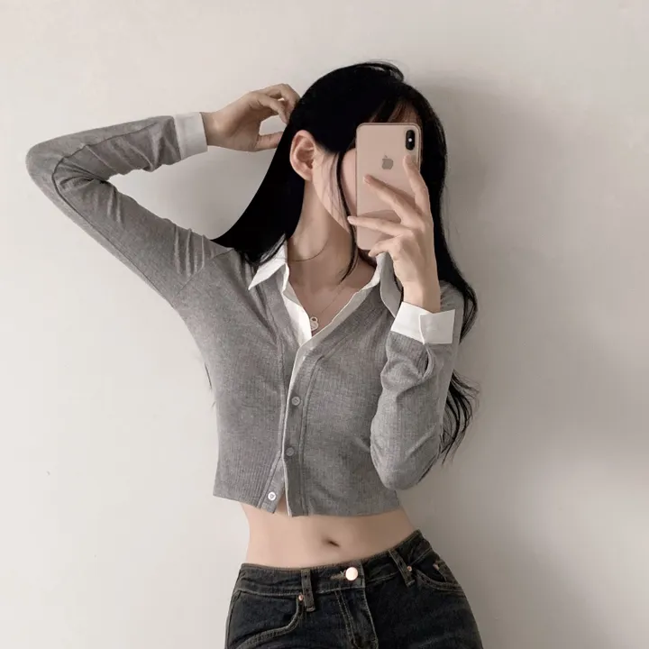 [일체형/하이틴무드] 하이틴 영화 여주인공 골지 가디건 + 크롭셔츠 일체형 레이어드 긴팔 티셔츠 상세 이미지 4