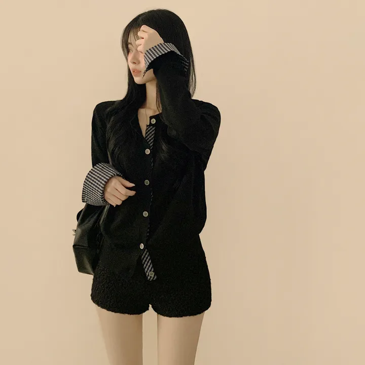 [긱시크룩] 빈티지 롤업 체크셔츠 페이크 레이어드 비스코스 배색 니트가디건 상세 이미지 5