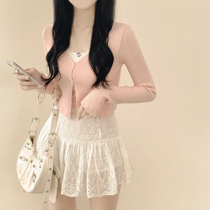 [벚꽃룩🌸/여리색감] 파스텔 크롭 슬림핏 트임 봄여름 니트가디건 딸기우유 핑크 소라 러블리힙 상세 이미지 8