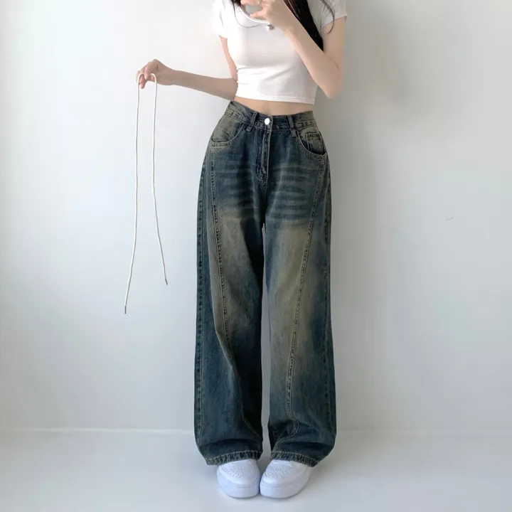 [색감깡패🖤/끈탈부착O] 미드나잇 뒷밴딩 스트링 스트랩 하이웨스트 절개라인 빈티지 워싱 롱 와이드 데님 팬츠 밴딩바지 청바지 사계절청바지 상세 이미지 20