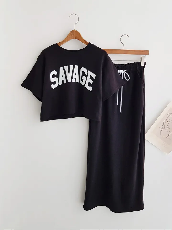 [세트가격!] SAVAGE 레터링 프린트 크롭티셔츠 크롭반팔티 밴딩 롱스커트 뒤트임 롱치마 투피스세트 치마세트 스커트세트 여름세트 꾸안꾸 이지웨어세트 상세 이미지 13
