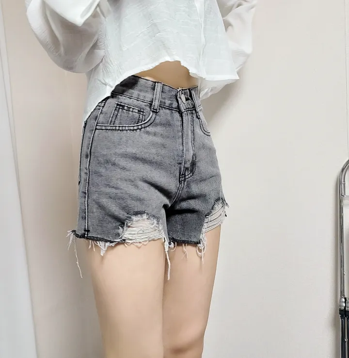[가격실화?/데미지] 하이웨스트 컷팅 밑단 빈티지 데님 숏팬츠 청 반바지 (2color) 상세 이미지 13