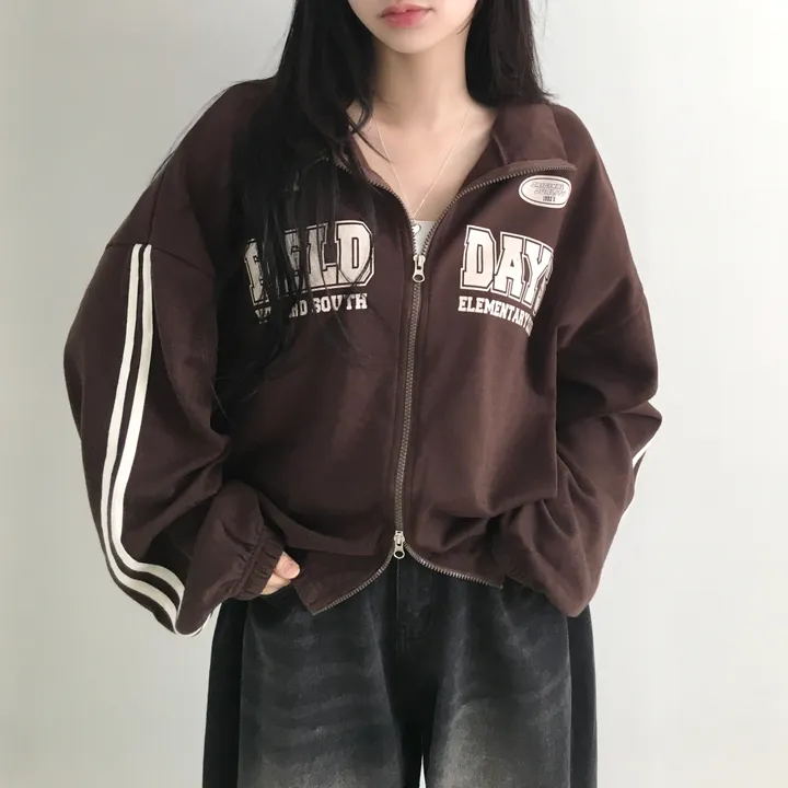 문의폭주!![핏보장🖤/왕오버핏!] 플로어 빈티지 프린팅 레터링 두줄 라인 배색 카라 투웨이 트랙 집업 남녀공용 커플아우터 빅사이즈 상세 이미지 10