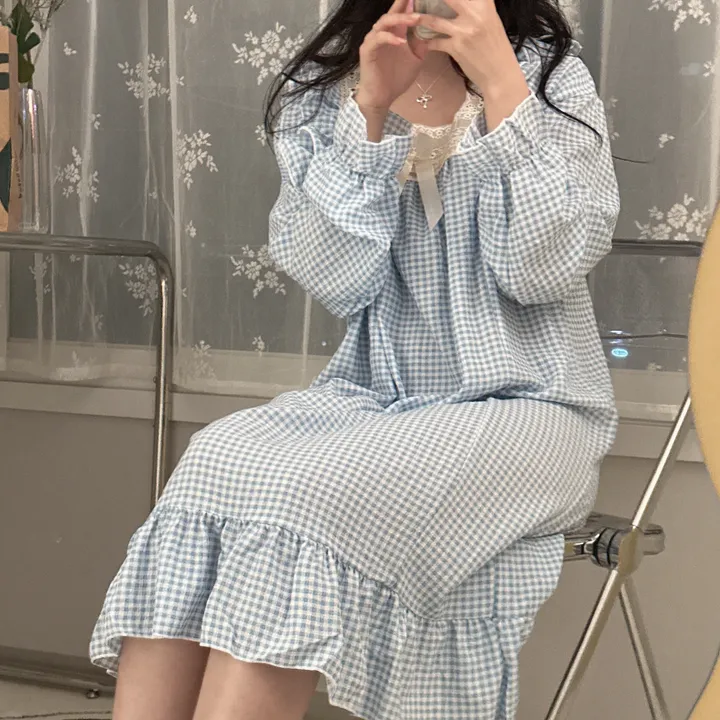 [당일출고/3컬러] 루즈핏 귀여운 스몰 체크 오버핏 긴팔 원피스 파자마 잠옷 상세 이미지 5