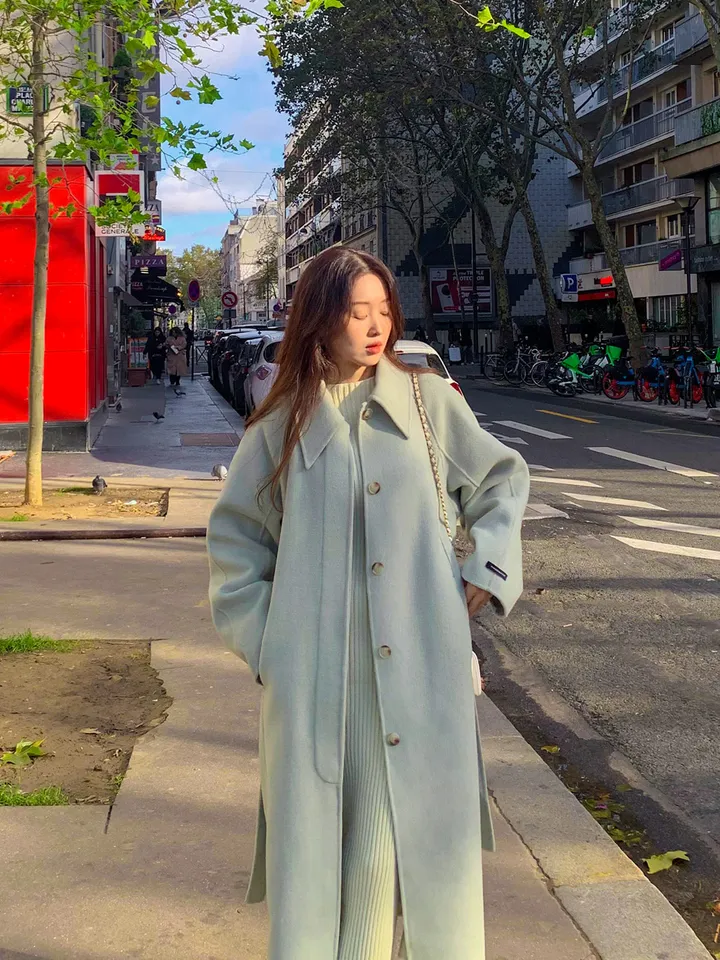 [메리노울100%🤎handmade] 백화점퀄 wool 핸드메이드 롱 울 코트 카라 로브 모직 루즈핏 벨트 싱글 히든버튼 트임 겨울 아우터 네이비 베이지 민트 3col 상세 이미지 53
