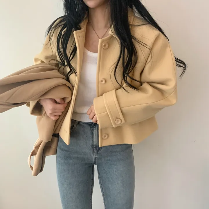 봄가을 크롭재킷 오버핏 아이보리 블랙 싱글버튼 숏코트 상세 이미지 13