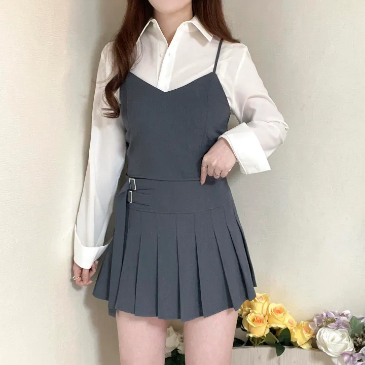[SET가격] 크롭 뷔스티에 + 플리츠 더블 벨트 스커트 투피스 세트 3color 상세 이미지 10
