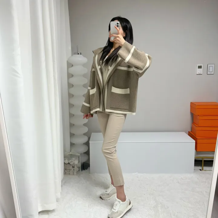 *꾸안꾸, 루즈핏* 라인 배색 니트 후드집업 가디건 자켓 상세 이미지 11