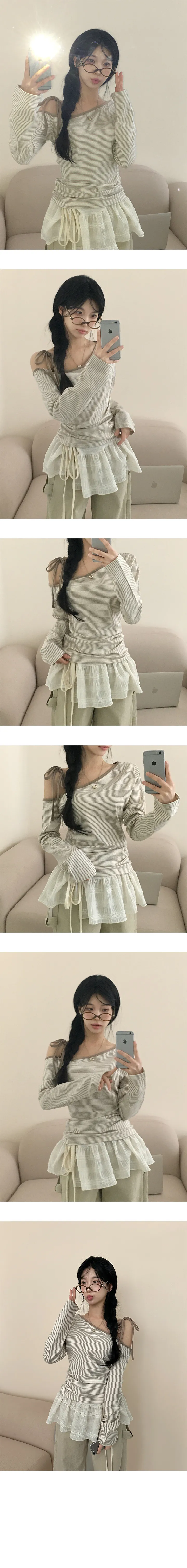 *묶음할인[포인트템!/꾸안꾸] 리본 원숄더 스트라이프 긴팔티 상세 이미지 8