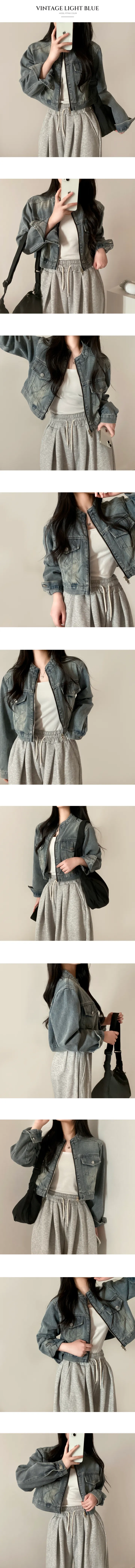[고퀄탄탄!/핏보장💕/청순힙~] 빈티지 워싱 투웨이 노카라 크롭 긴팔 데님 청자켓 집업 상세 이미지 8