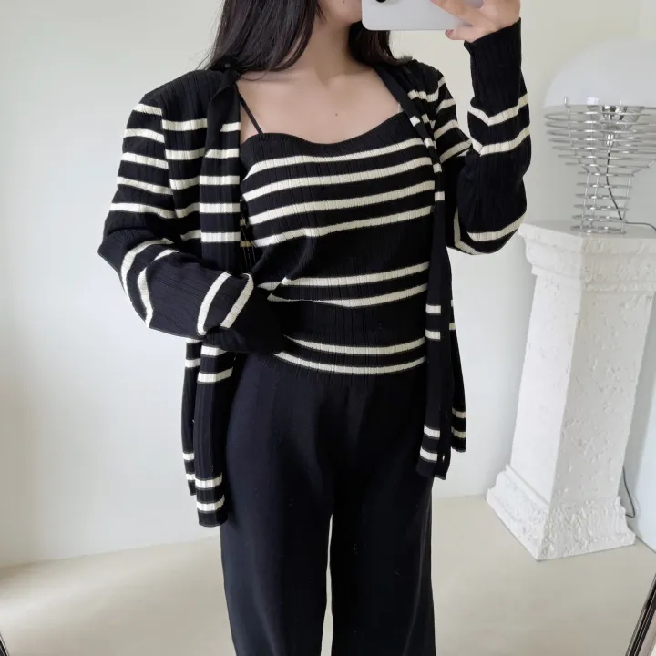 [3pcs]솔라 골지 단가라 스트라이프 쓰리피스 set (나시 가디건 밴딩 와이드 롱 팬츠 세트 데일리 꾸안꾸 코디 투피스 트레이닝 니트) 상세 이미지 15