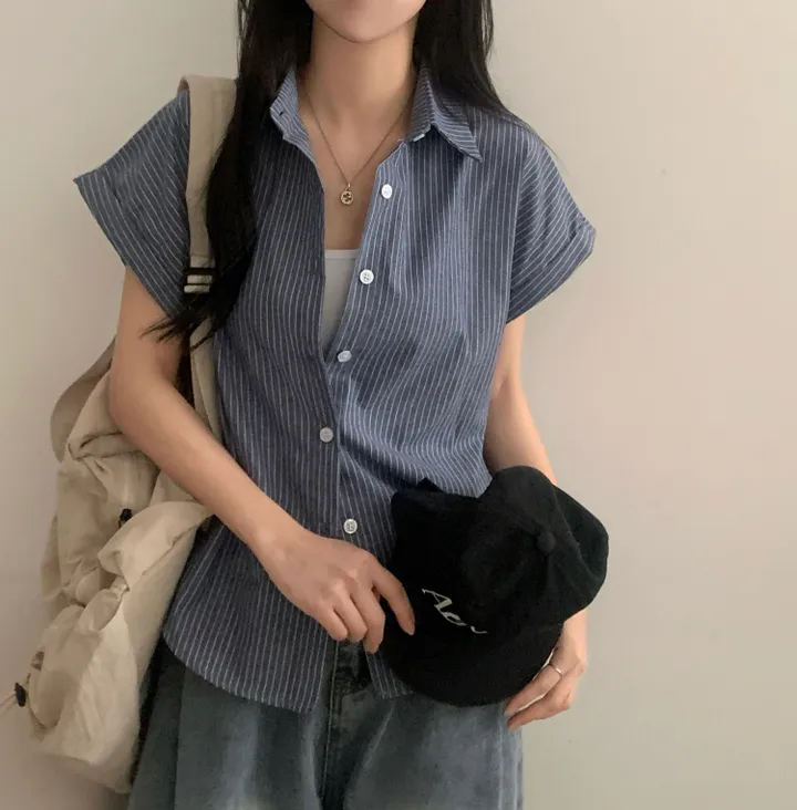 [빈티지🤍/여름셔츠] 샌드 스트라이프 루즈핏 롤업 반팔셔츠,남방 - 3color 상세 이미지 25