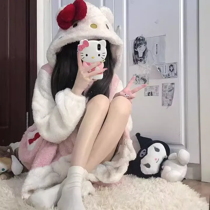 왕 리본 고양이 극세사 수면 잠옷 파자마 겨울 가을 털 기모 후드티 퍼 패딩 수면바지 홈파티 여행 공주 일본 원피스 투피스 세트 캐릭터 타올 정품 크리스마스 선물 키치 키티 y2k 상세 이미지 7