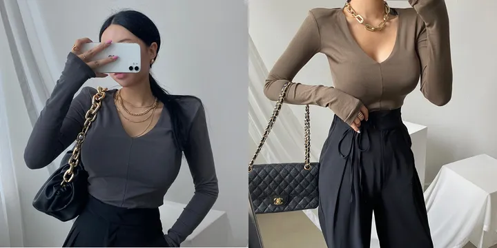 패드 브이넥 스판 절개 슬림 티셔츠 상세 이미지 2