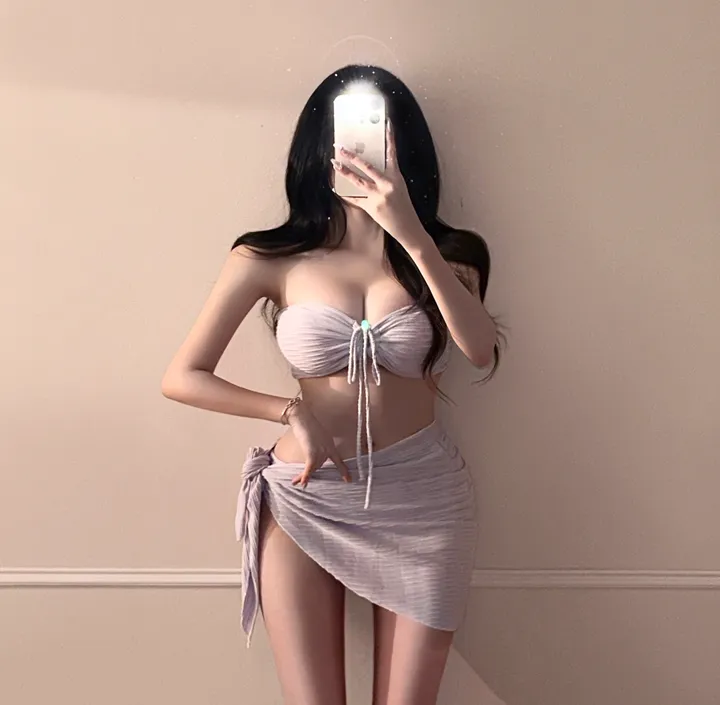 [최저가!!/핏보장/6col] 홀터넥 리본 X끈 4way 섹시 글램 스트랩 셔링 커버업 랩 스커트 치마 비키니 수영복 세트 비치웨어 휴양지룩 청순 여리 분위기 슬림핏 쓰리피스 상세 이미지 6