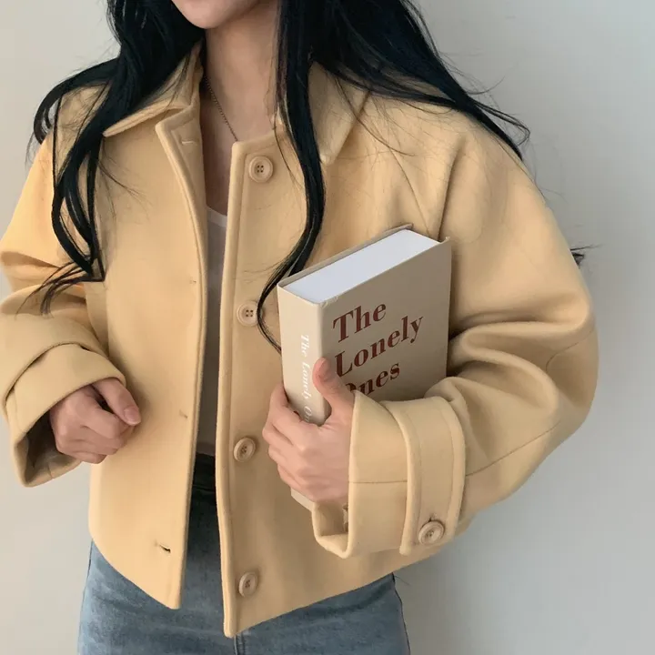 봄가을 크롭재킷 오버핏 아이보리 블랙 싱글버튼 숏코트 상세 이미지 16