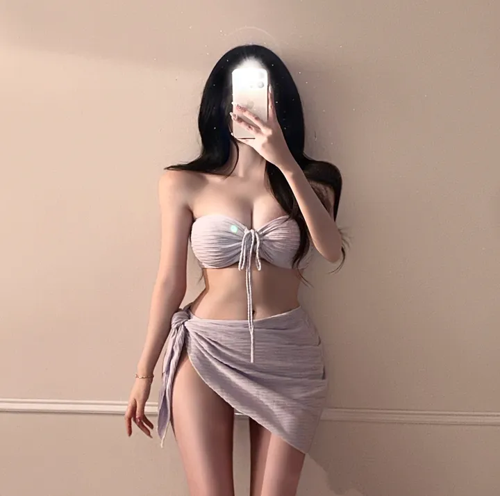 [최저가!!/핏보장/6col] 홀터넥 리본 X끈 4way 섹시 글램 스트랩 셔링 커버업 랩 스커트 치마 비키니 수영복 세트 비치웨어 휴양지룩 청순 여리 분위기 슬림핏 쓰리피스 상세 이미지 5
