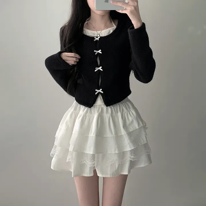 *봄가을ver추가* [코디세트/완전귀여운!] 뮤즈 보들 리본 트임 홀터넥 나시 레이어드 일체형 니트 + 슈아 밴딩 골지 레이스 캉캉 스커트 투피스 세트 상세 이미지 12