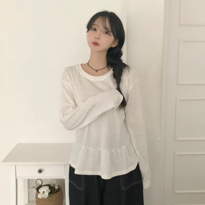 [레이어드템💭]도트 땡땡이 프릴 캉캉 레이어드 라운드넥 긴팔티 3color 상세 이미지 2