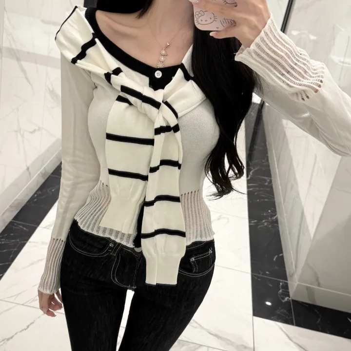 [페이크숄/일체형] 단가라 세라 배색 니트 가디건 상세 이미지 8