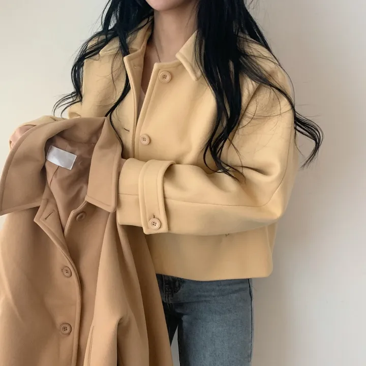 봄가을 크롭재킷 오버핏 아이보리 블랙 싱글버튼 숏코트 상세 이미지 7