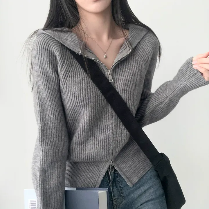 🚚당일출고🚚[부드러움] 허리잘록 여리핏 투웨이 후드 골지니트 집업 상세 이미지 19