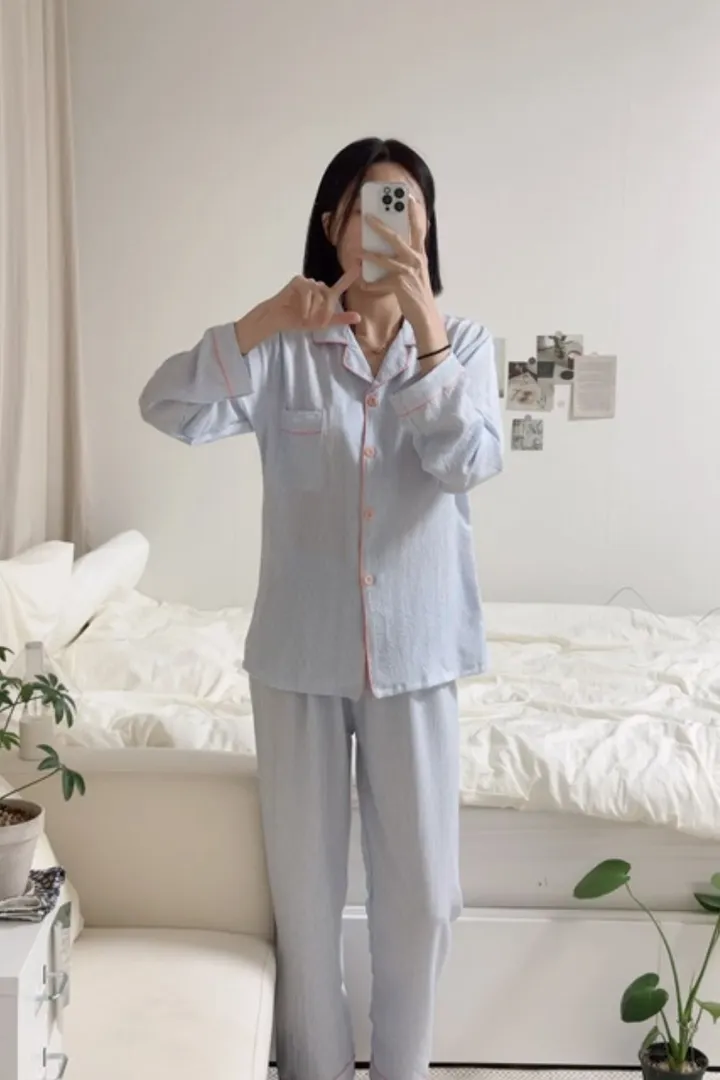 [💙긴팔잠옷set/심플💙]지지미면 잔스트라이프 3타입 컬러배색 잠옷세트 단가라 카라넥 시원한 봄여름가을 사계절 러블리 파자마파티 홈웨어세트 상세 이미지 11